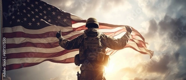 Obraz An American soldier with an American flag looks into the distance in clear weather, on Memorial Day or July 4, Memorial Day. generative ai