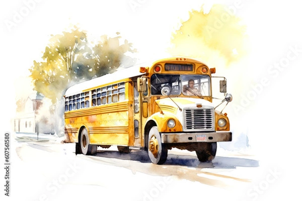 Fototapeta Yellow school bus created with Generative AI technology