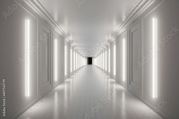 Obraz Illuminated corridor interior design. Empty Room Interior Background, creative ai