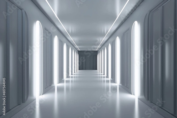 Obraz Illuminated corridor interior design. Empty Room Interior Background, creative ai