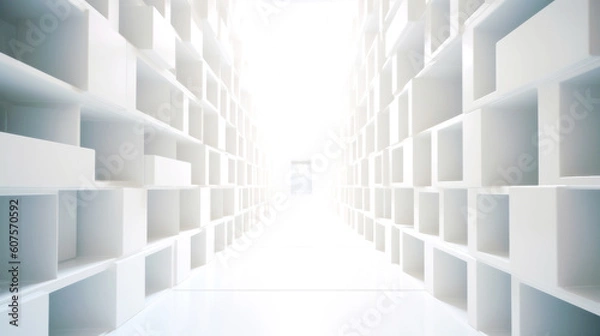 Fototapeta An abstract corridor, white and bright, stretches to infinity. Composed of cubic shapes, its length contrasts its form, an endless dance of geometry. Generative AI