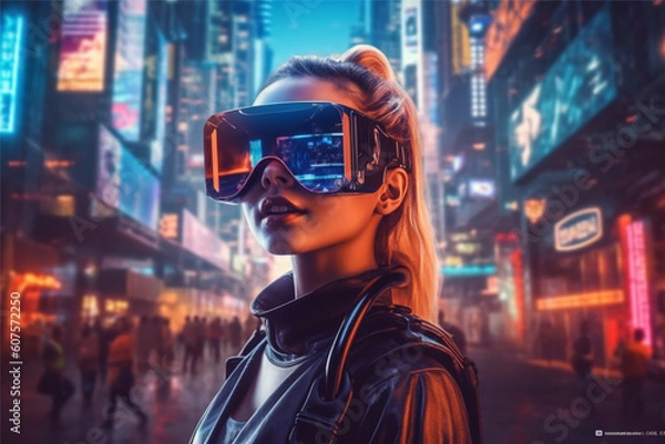 Fototapeta A woman wearing a vr headset in front of a cityscape, ai generated