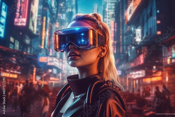 Obraz A woman wearing a vr headset in front of a cityscape, ai generated