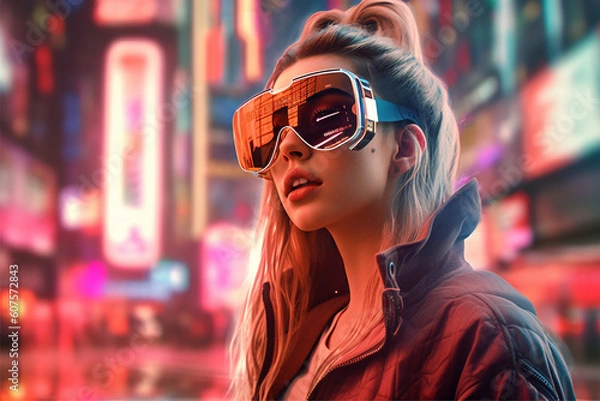 Obraz A woman wearing a vr headset in front of a cityscape, ai generated