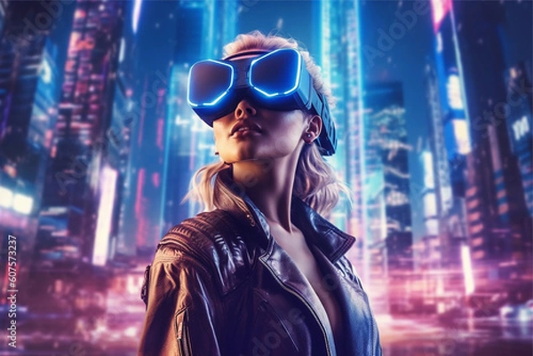 Fototapeta A woman wearing a vr headset in front of a cityscape, ai generated