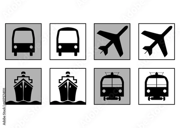Obraz Trains plains boats and bus. Transportation symbols. Informative signs