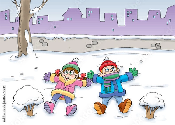 Fototapeta children lying on the card in the falling snow, snowman, white snow, happy children, boy and girl