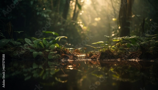 Fototapeta Tranquil scene of wet pond reflects tree generated by AI