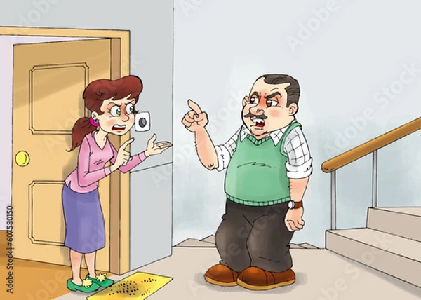 Fototapeta man and woman arguing in front of the door, quarrel, argument, communication, angry people