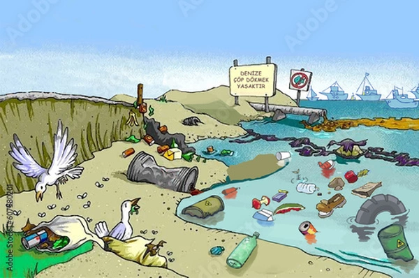 Fototapeta environmental pollution, marine pollution, cleaning, garbage, sea, beach, seagulls, birds, fish, nature, recycling, plastic waste, turtle, living things damaged by pollution