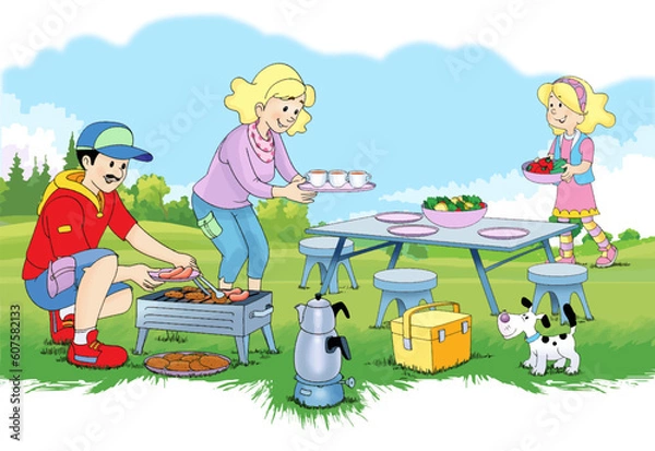 Fototapeta family having picnic in the forest, mother, father, child, dog, barbecue fire, cooking meat, forest, grass, trees