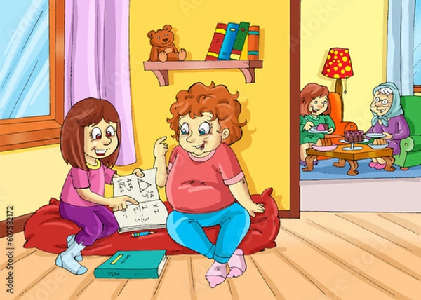 Fototapeta children studying at home, students studying, grandma, mother, mathematics, lesson, obese child, mattress