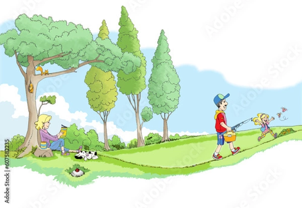 Fototapeta family taking a walk in the forest, mother, father, child, father and child going fishing, dog, trees, greenery, walking in the forest, mother reading a book