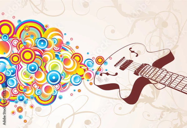 Fototapeta Colorful retro guitar singing bubbles background