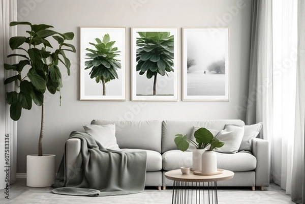 Fototapeta White living room with sofa, generative ai