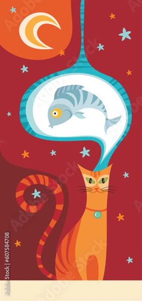 Fototapeta vector illustration of a dreaming cat