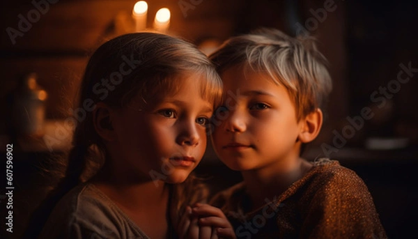 Fototapeta Two cute Caucasian boys smiling indoors with family generated by AI