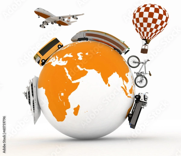 Obraz Types of transport on a globe. Concept of international tourism