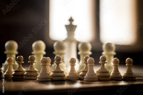Fototapeta Chess board game concept of business ideas and competition and strategy ideas concep. Chess figures on a dark background with smoke and fog. Selective focus