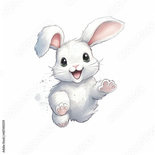 Fototapeta AI generated Watercolor illustration of a cute fluffy grey rabbit with pink ears in a blank background