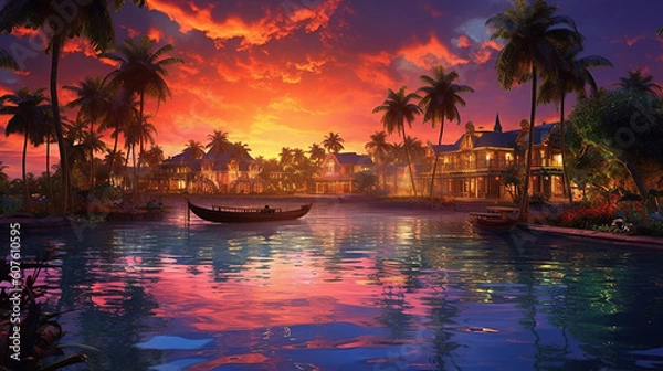 Fototapeta Exotic tropical paradise. Beautiful waterfront village in the distance