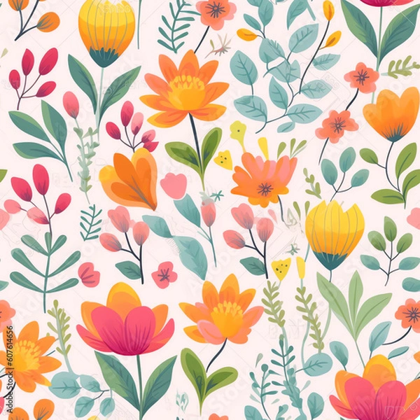 Fototapeta Generative AI Spring flowers and leaves seamless pattern - different types of flowers and leaves, illustration design template
