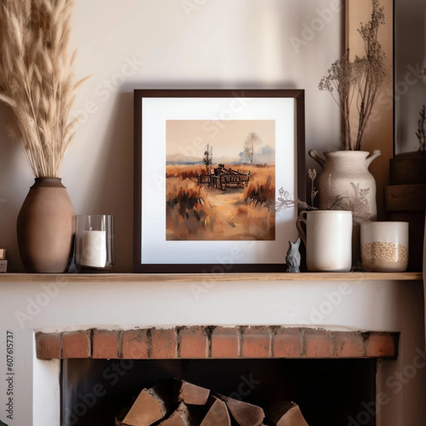 Fototapeta Generative AI Cozy Interior with a fireplace with fire and a picture on the wall