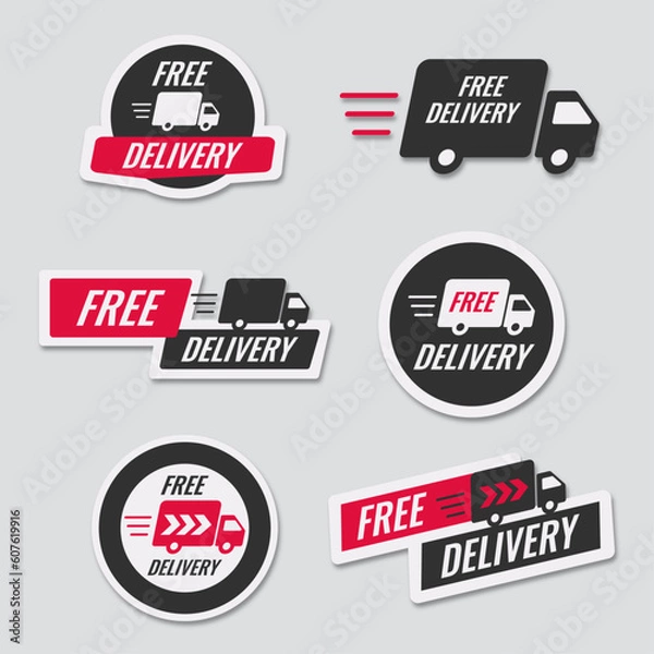 Fototapeta Free shipping delivery service logo badge. Fast time delivery order. Quick shipping delivery icon, sticker