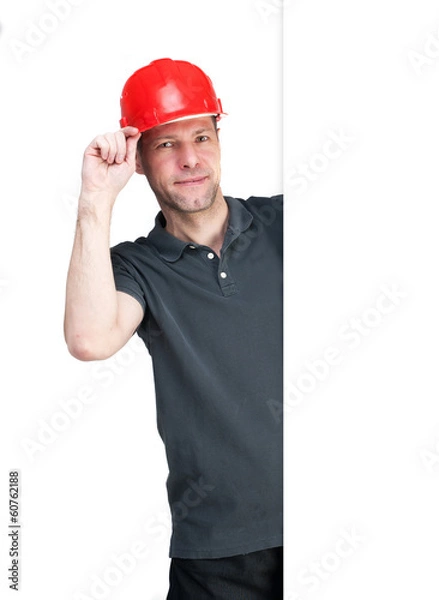 Fototapeta Worker man in red helmet isolated on white background