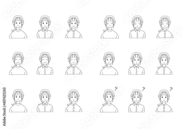 Fototapeta カジュアルファッションの女性　表情セット（バストアップ・線画・ベクター）