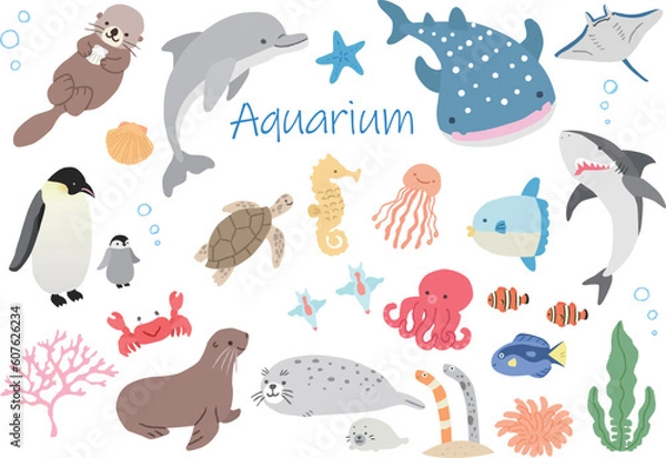 Fototapeta 水族館にいるかわいい生き物たちのイラストセット　