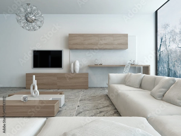 Fototapeta Modern white living room with wooden furniture