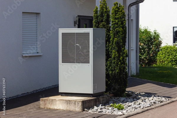 Obraz heat pump in a new building area with modern house facades