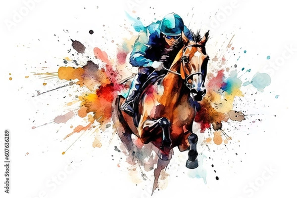 Obraz Abstract racing horse with jockey from splash of watercolors. Equestrian sport. Generative AI