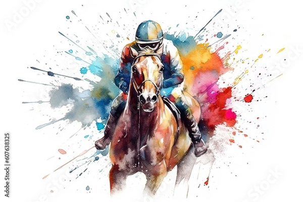 Obraz Abstract racing horse with jockey from splash of watercolors. Equestrian sport. Generative AI