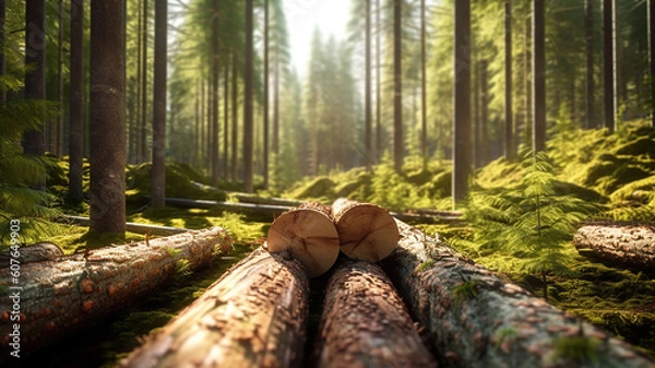 Obraz Forest pine and spruce trees. Log trunks pile, the logging timber wood industry. Generative Ai
