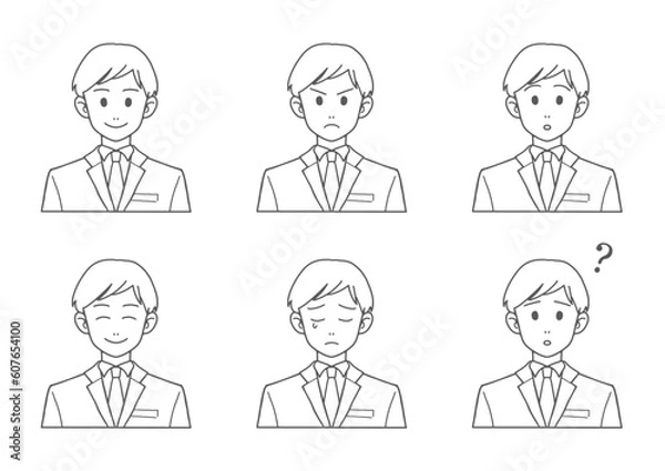 Fototapeta スーツの男性　表情セット（バストアップ・線画・ベクター）