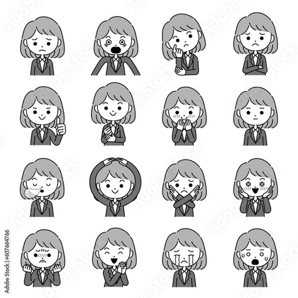 Obraz 色々な表情と身振りのスーツ姿の女性のイラスト　モノクロ