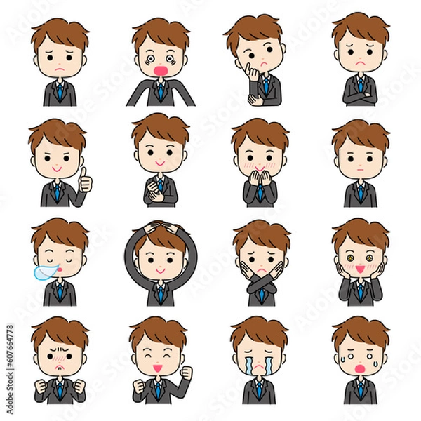 Obraz 身振り付きのいろいろな表情のスーツ姿の男性のイラスト