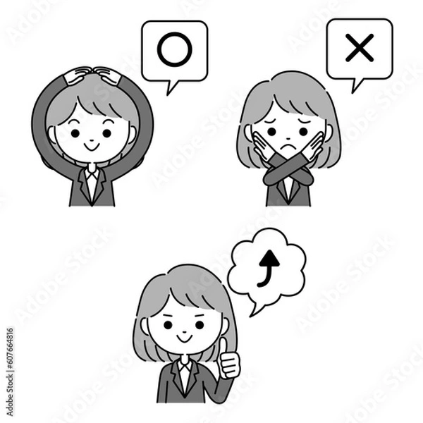 Obraz 吹き出し付きのスーツ姿の女性のマルバツチェック表現イラスト　モノクロ