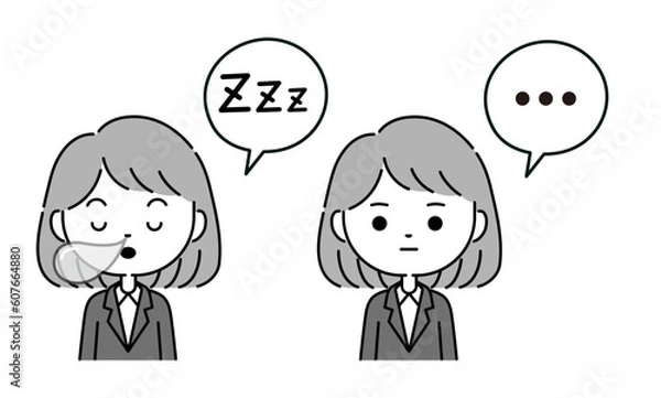 Obraz 吹き出し付きのスーツ姿の女性の睡眠と沈黙の表現イラスト　モノクロ