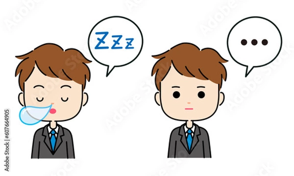 Obraz 吹き出し付きのスーツ姿の男性の睡眠と沈黙の表現イラスト
