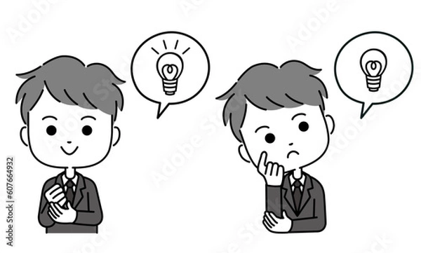 Fototapeta 吹き出し付きのスーツ姿の男性のひらめき表現イラスト　モノクロ