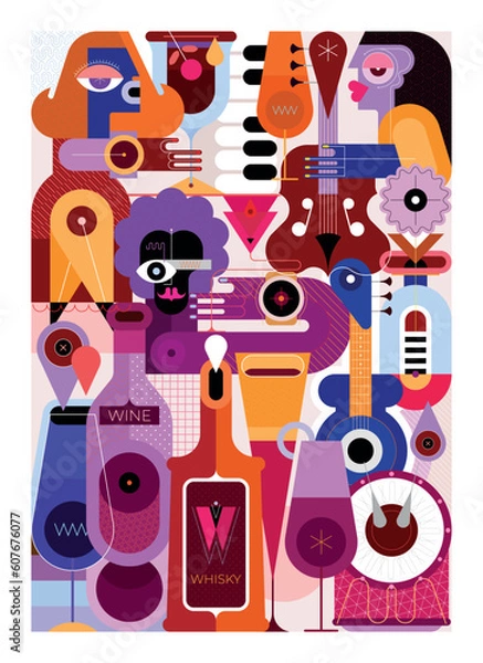 Obraz A group of friends are having fun and drinking cocktails. Musicians play music at a cocktail party. Vector illustration, creative mix of people, cocktails, bottles and musical instruments.
