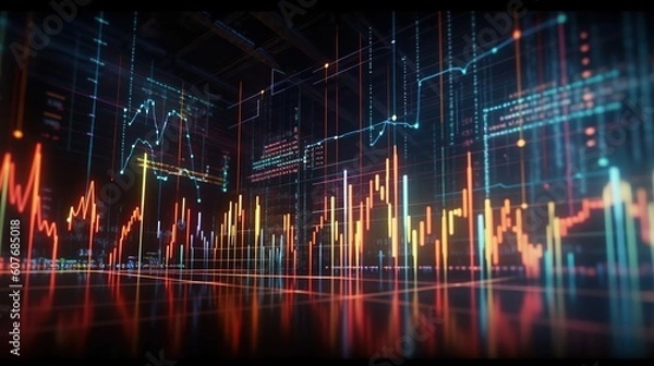 Obraz Trading charts abstract digital background with glowing diagrams, reflections and modern vibrant technology elements, generative AI