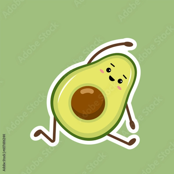 Fototapeta Cute kawaii avocado sticker. Doodle fruit on green background. Trendy decor for notebook or diary. Hand drawn vector illustration in flat cartoon style.