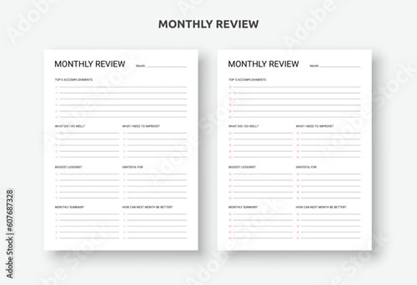 Obraz Monthly Review, Monthly overview trackers, Undated Monthly Overview, Month on one page Template