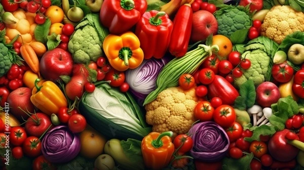 Fototapeta An illustration on assorted collection of fresh vegetables in different colours. Generative Ai.