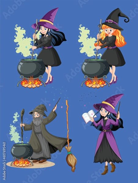 Fototapeta Set of wizard or witches with magic tools cartoon style isolated by the greatest graphics