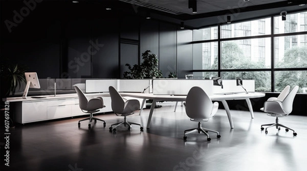 Fototapeta office workspace with glass walls and white furniture, in the style of dark gray, cityscape, commission for, solarization, spatiality , shallow depth of field to emphasize the subject